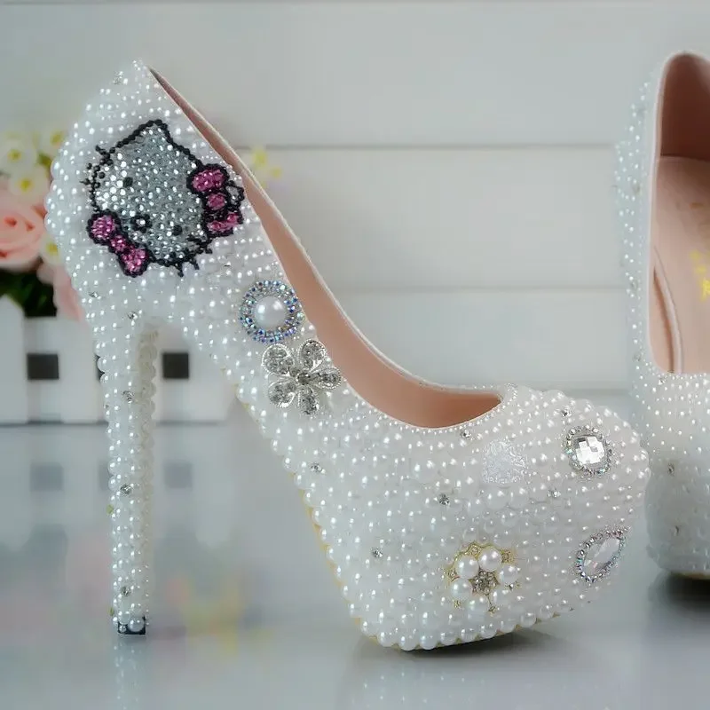 Hello Kitty zapatos de fiesta de boda con diamantes de imitación, zapatos hechos a mano, tacón alto, plataforma impermeable, lazo de boda