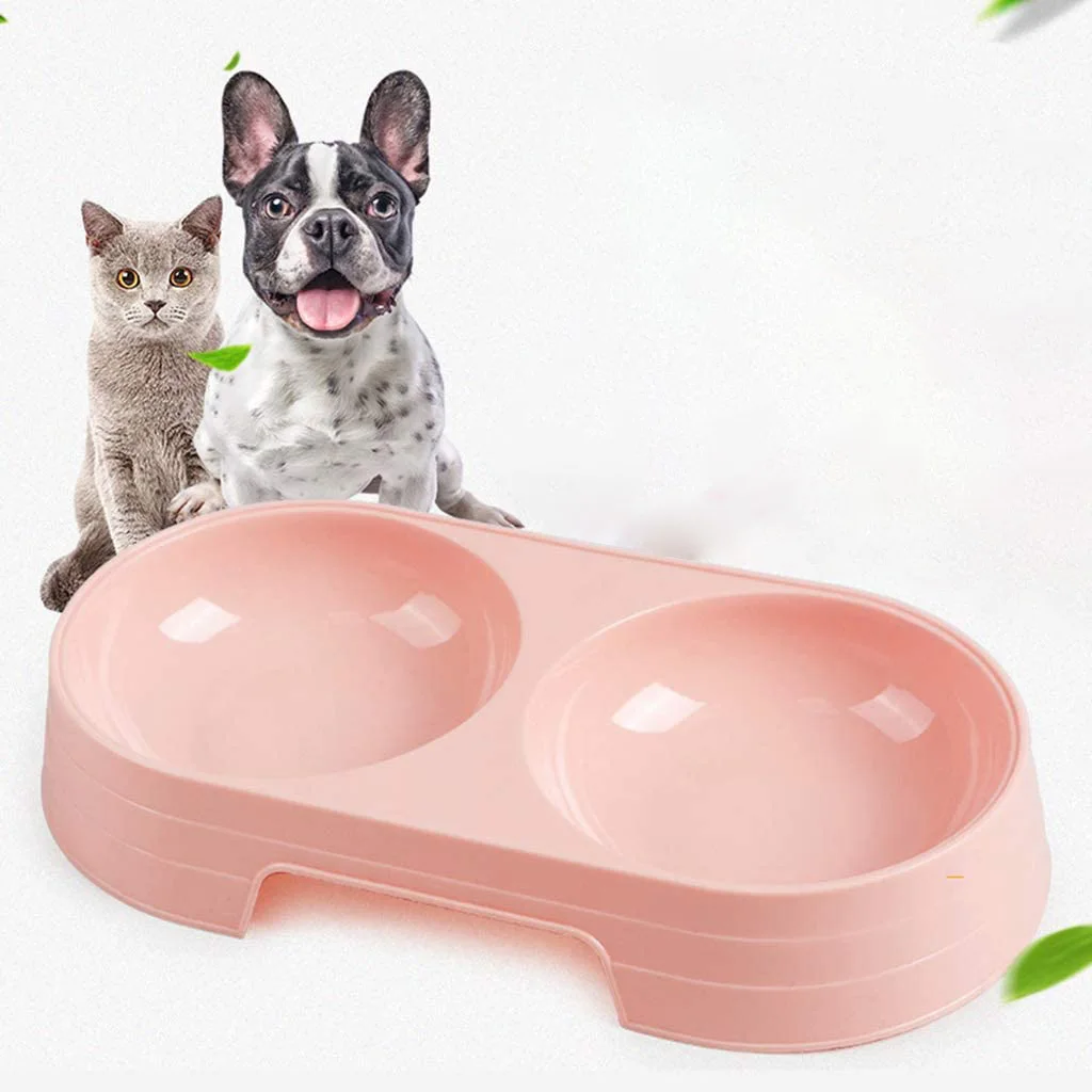 New Pet Feeder Pink Color Plastic Double Bowl Cats and Dogs Eating Bowls Pets Food Container