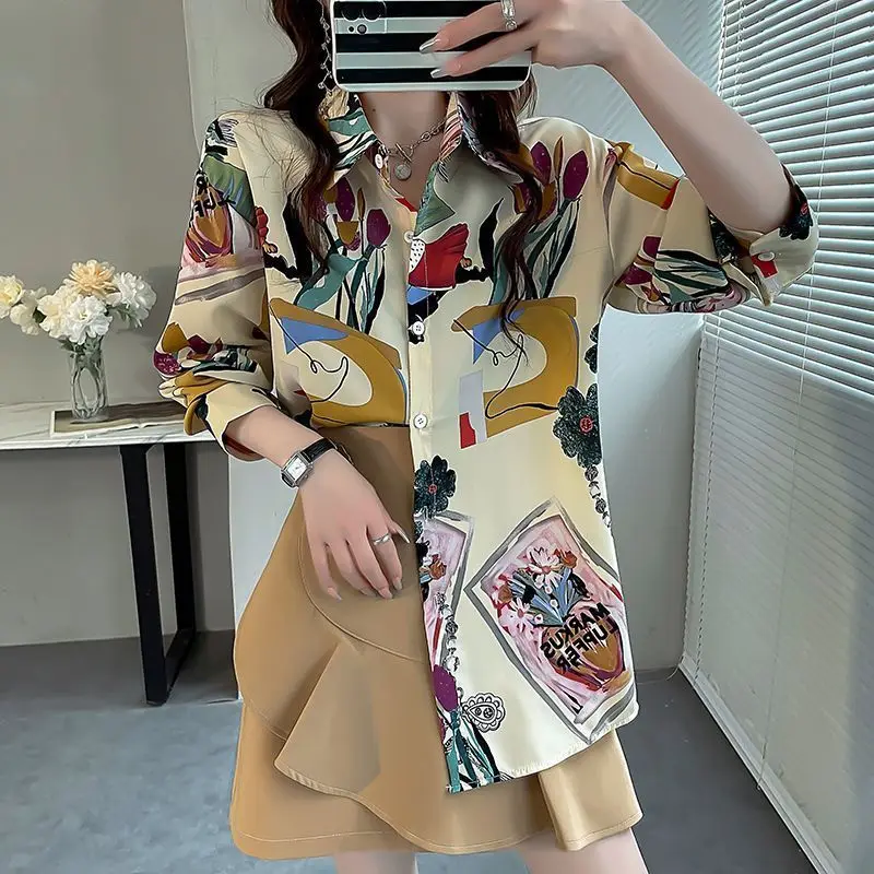 Spring Vintage Women New Long Sleeves Flip Collar Printing Shirt 2024 Niche Temperament Fashion Chiffon Luxury All-match Tops