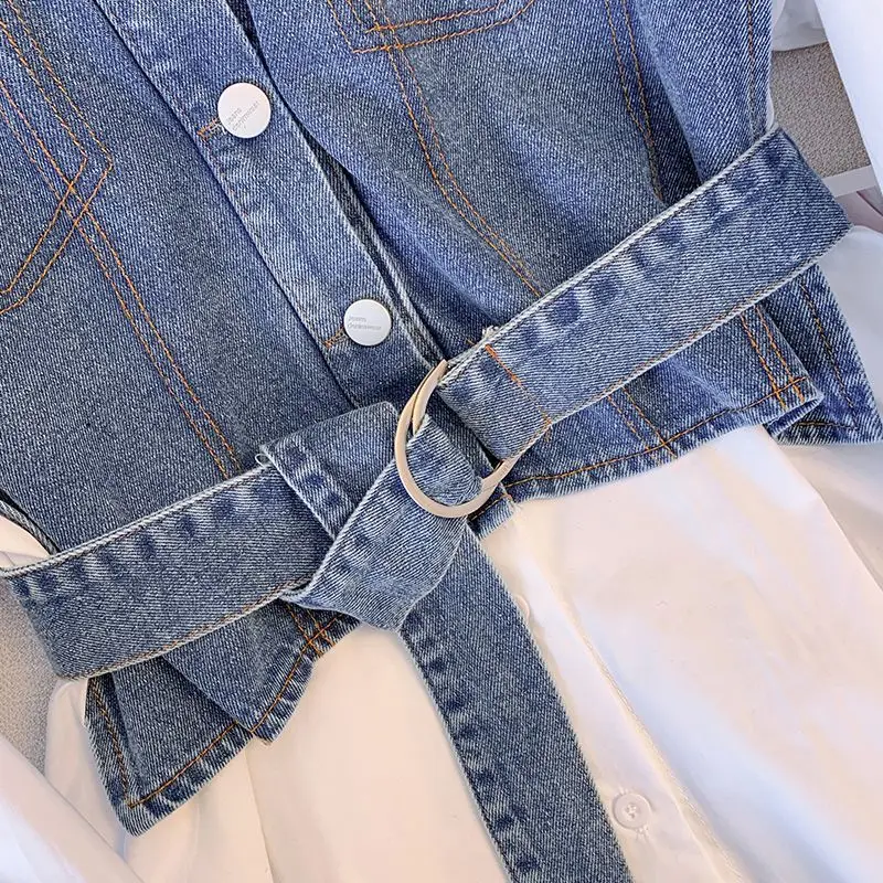 Spring Autumn Casual Denim Patchwork Shirt Women\'s Clothing Commute Turn-down Collar Stylish Sashes Basic Single-breasted Blouse