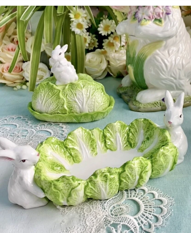 European Ceramic Chinese Cabbage rabbit fruit plate Dried snack butter cream box fork jar table decoration