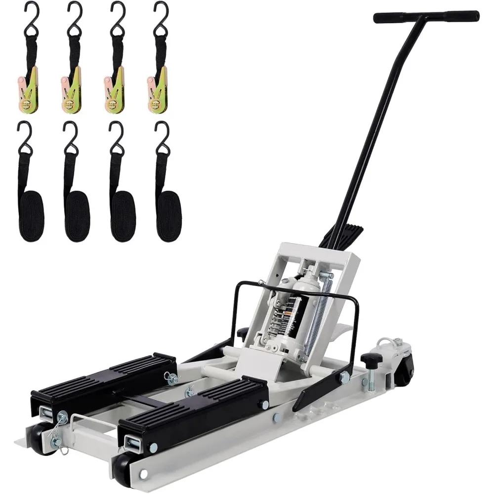 1500LBS Hydraulic Motorcycle Lift Jack, Foot-Operated ATV Scissor Lift Table with 4 Wheels & Tie-Down Straps, Portable Hoist Sta