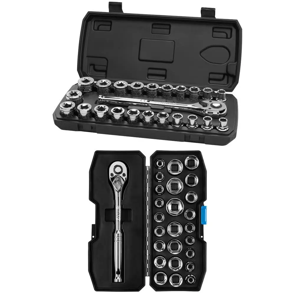 Compact Mechanic Set Bundle 90-Tooth Ratchet Full Chrome Finish Quick Release Reverse Lever Portable Case Storage 23pc 1/2