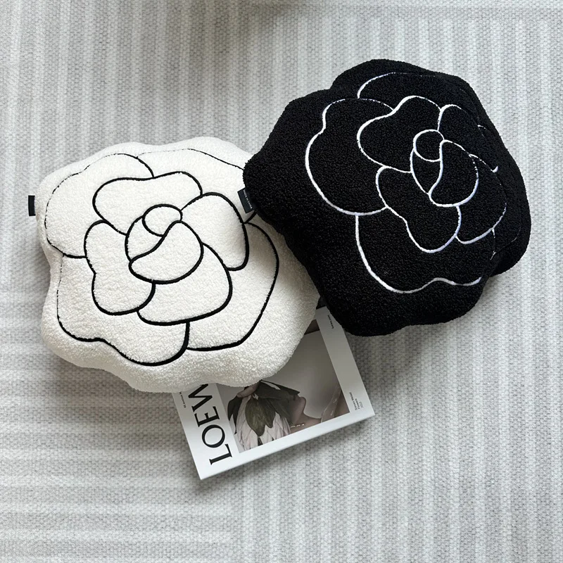 

45cm Camellia Flower Plush Pillow Stuffed White Black Plant Seat Cushion Indoor Floor Sofa Chair Back Support Plushie Gift