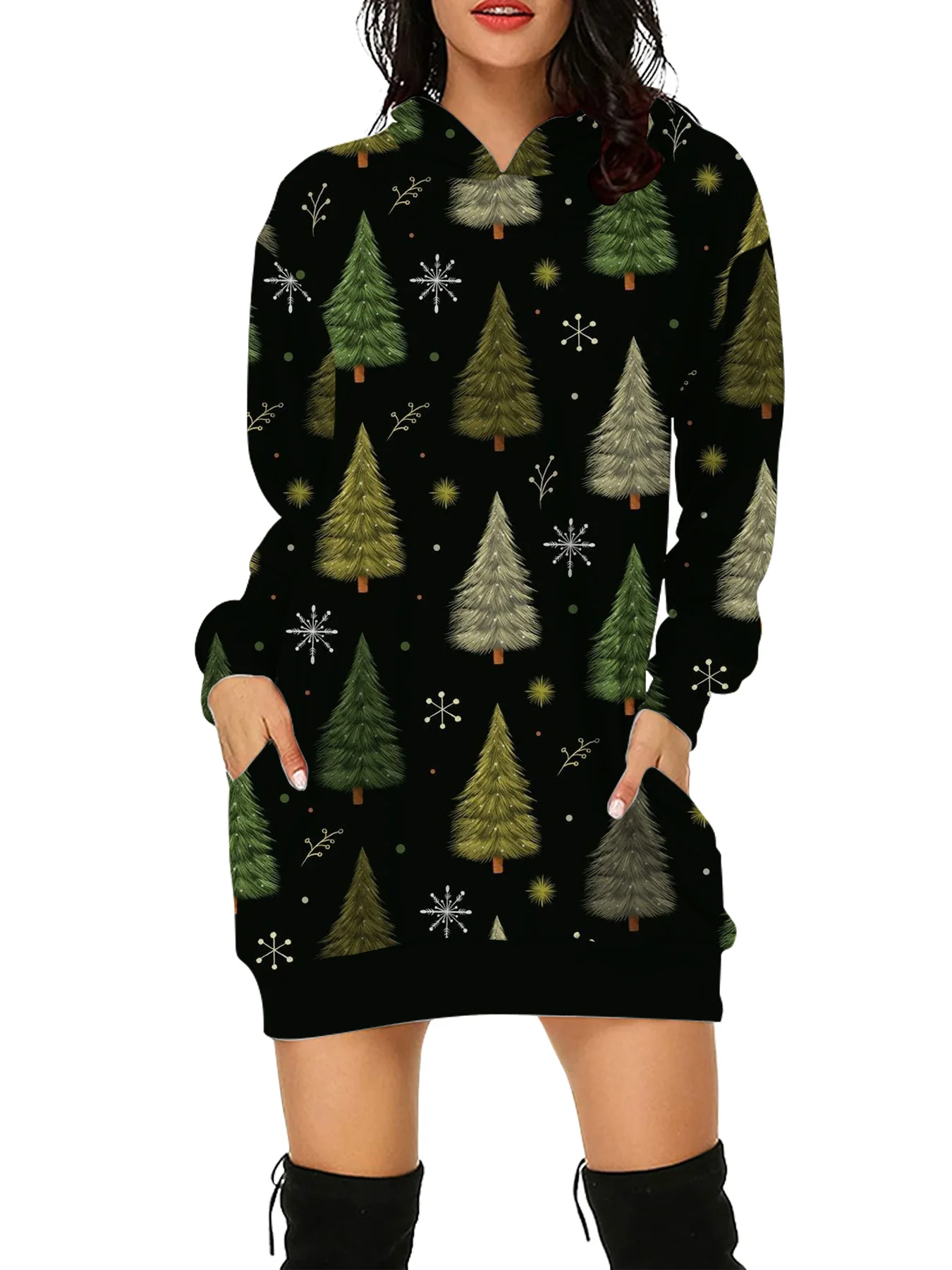 2024 Cartoon Christmas Tree Print Hoodies Fall/Winter Women\'s Long Sleeve Hoodies&Sweatshirts Casual Party Hooded Short Dresses