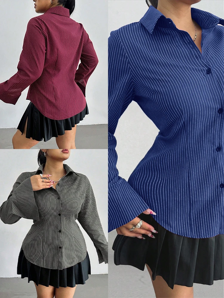 Nieuwe Plus Size Revers Print Gestreept Shirt Met Lange Mouwen Knop Slim-Fit Top Blouse Veelzijdige Elegante Kantoormode Vrouwelijke kleding