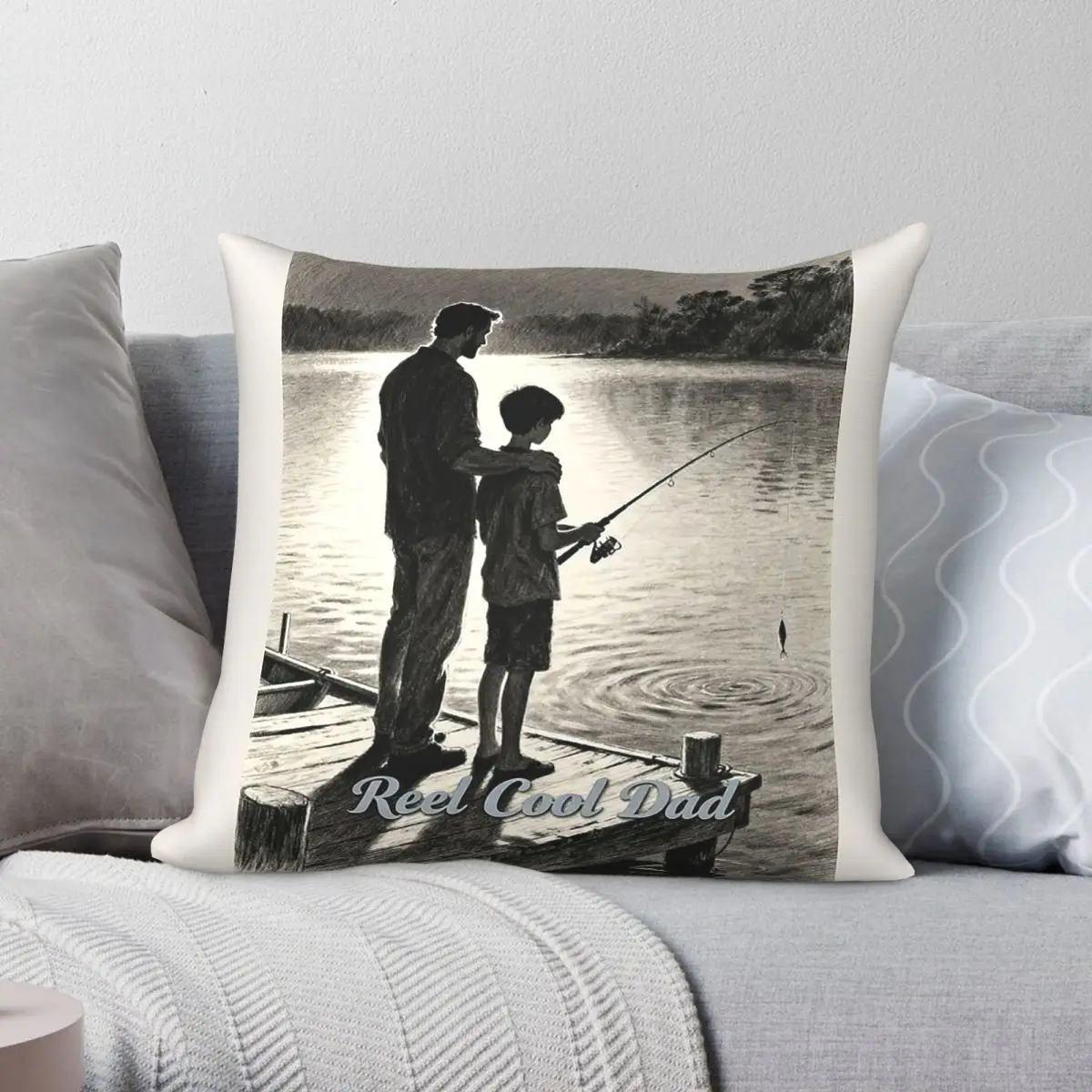 Reel Cool Dad Father Son Fishing Square Pillowcase Polyester Linen Velvet Pattern Zip Decor Sofa Cushion Cover