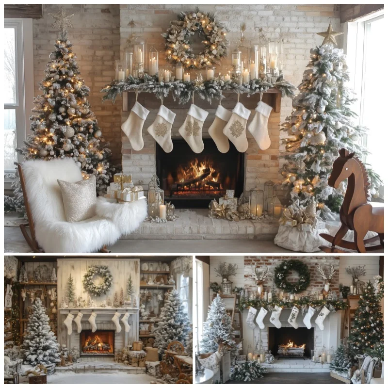 White Brick Wall Fireplace Stockings Christmas Backdrop Gifts Baby Portrait Photographic Family Party Photography Backgrounds