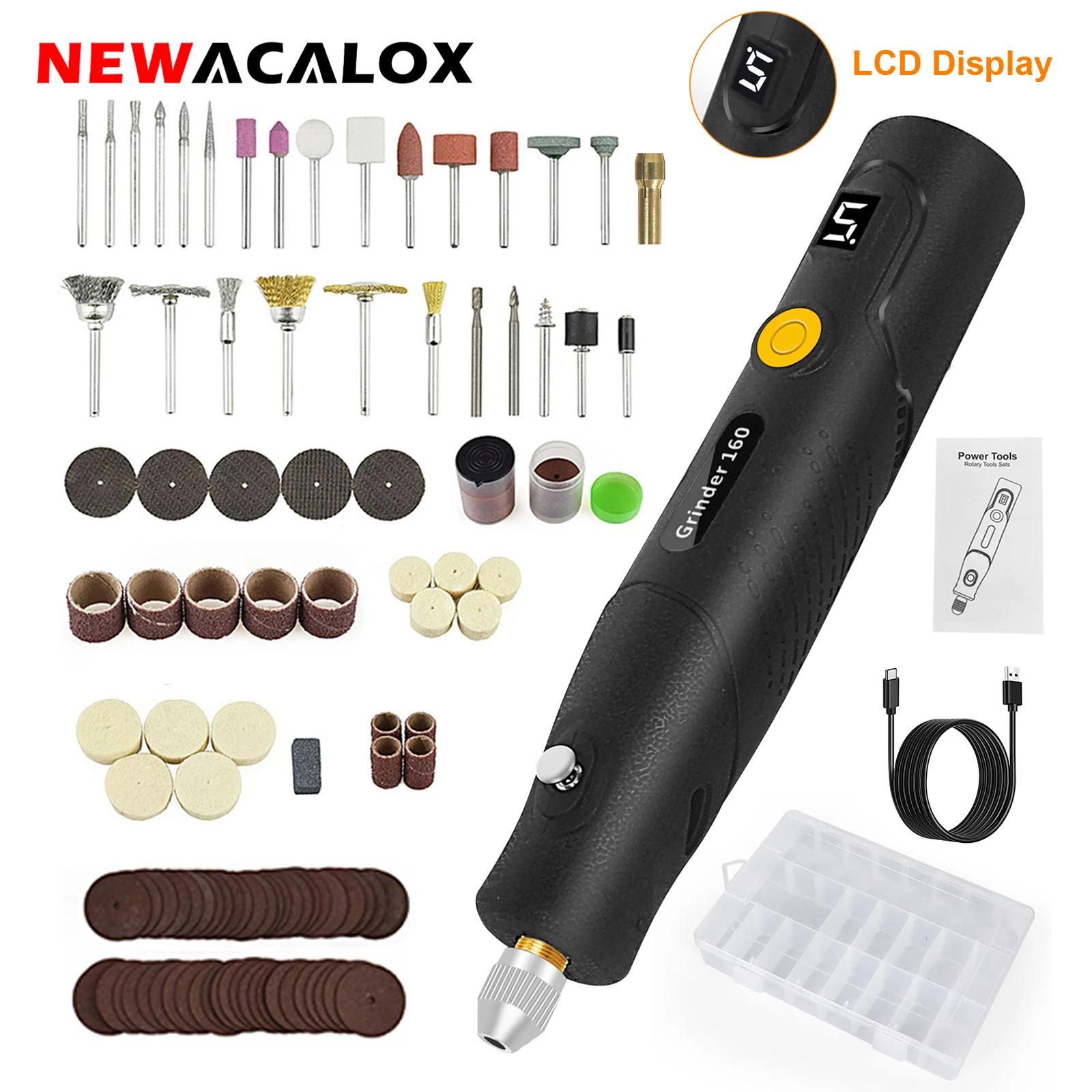 NEWACALOX Cordless Rotary Tool Kit 100PCS Accessories Mini Engraving Tool LCD 5 Speeds Settings 5000-18000 RPM for Wood Carving