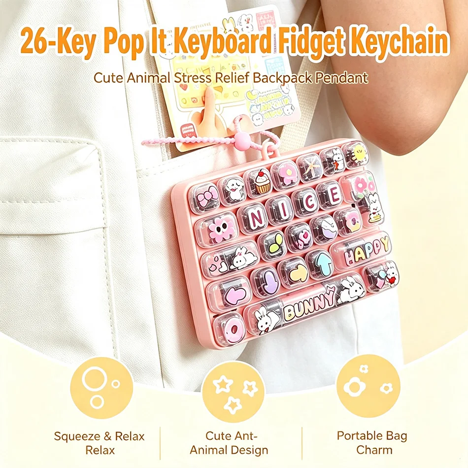 Fidget Keyboard Keychain Party Favor Gift, 26Grid Keycap Clicker Anti‑Stress Decompression Button Hand Relax Bag Charm Pendant