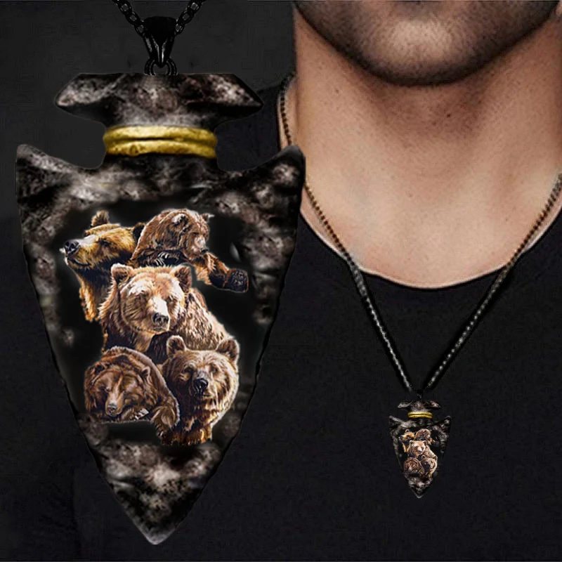 Punk Men Animal Brown Bear Pendant Black Triangle Stainless Steel Chain Necklace Hip Hop Necklaces for Men Animal Jewelry Gift