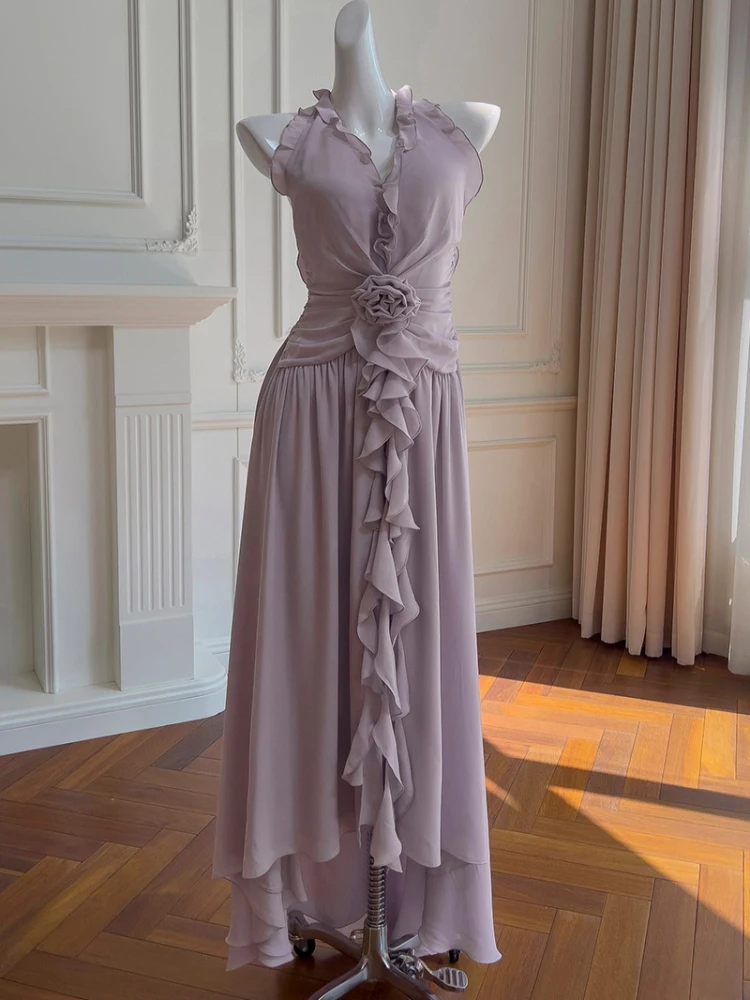 

Sexy Neline Floral Hanging Strap Bal Long Dr High Waist A-Line Skirt Polyester Fabric No Sve Summer Vaion Dr