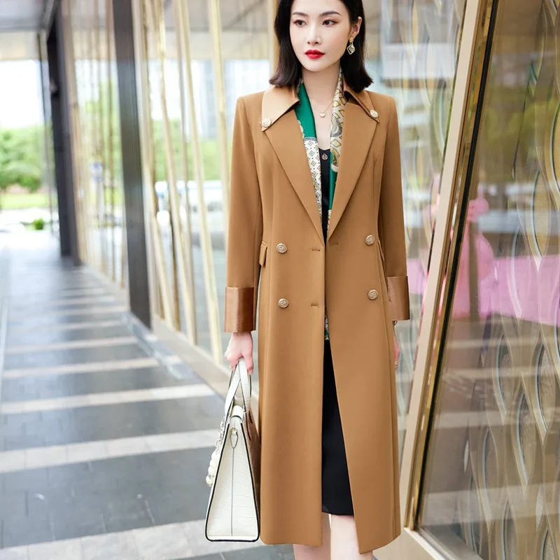 (Yihaodi Clothes) High class khaki windbreaker women's 2022 autumn and winter new Korean version long knee length double breaste