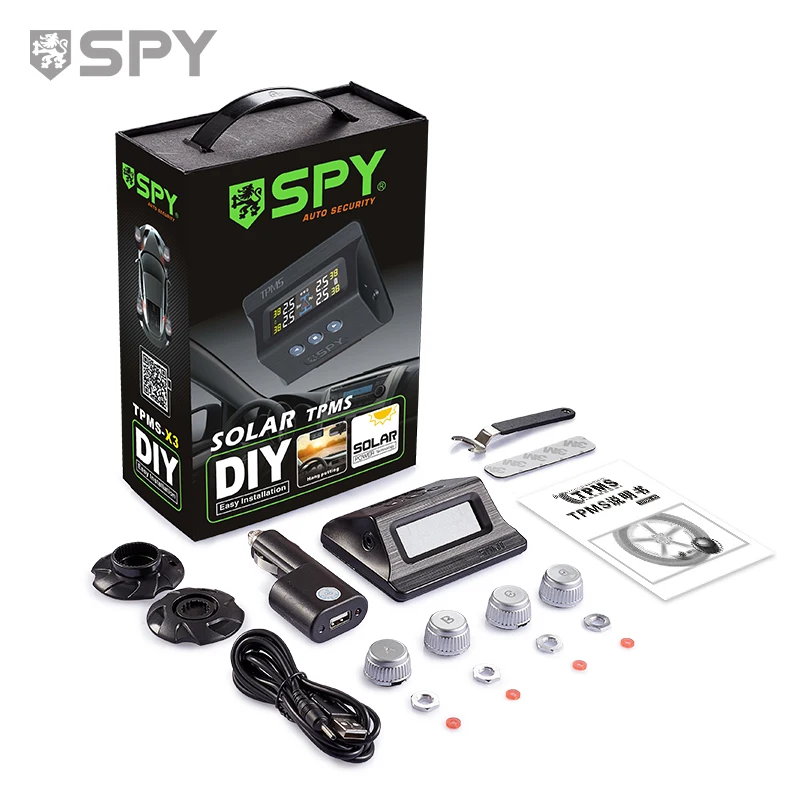 SPY Solar Power Car Tire Pressure Monitoring System USB Charging TPMS with 4 External Sensor Intelligent Tyre Pressure Warning