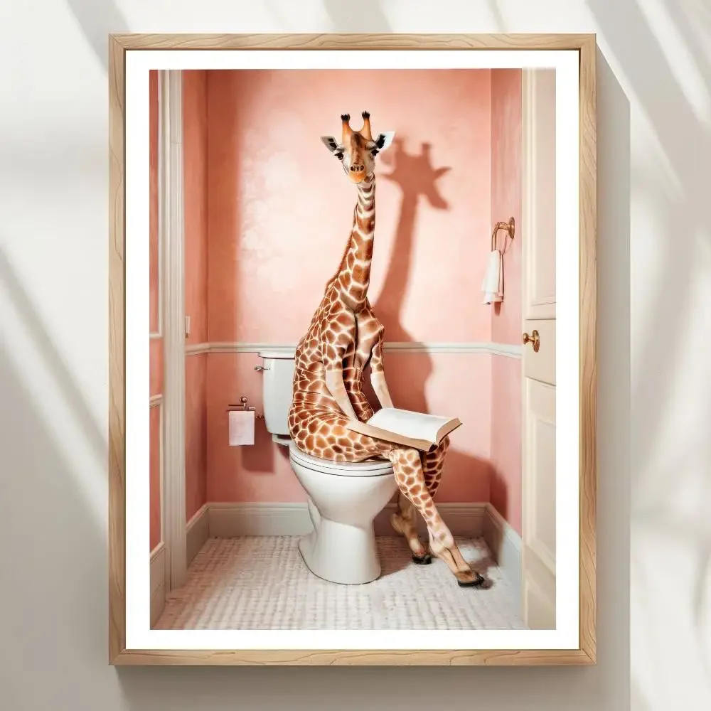 Póster de jirafa sentada en el inodoro, impresión de alta calidad, pegatina artística de pared impermeable para decoración de