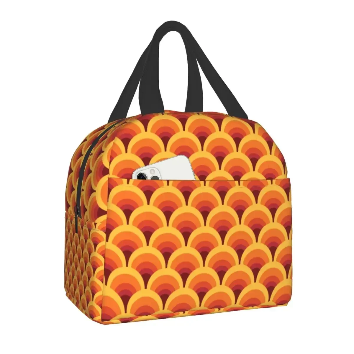 Orange Shining Looped Hexagons Carpet Insulated Lunch Bags for Women Kids School Vintage Geometric Thermal Cooler Bento Box