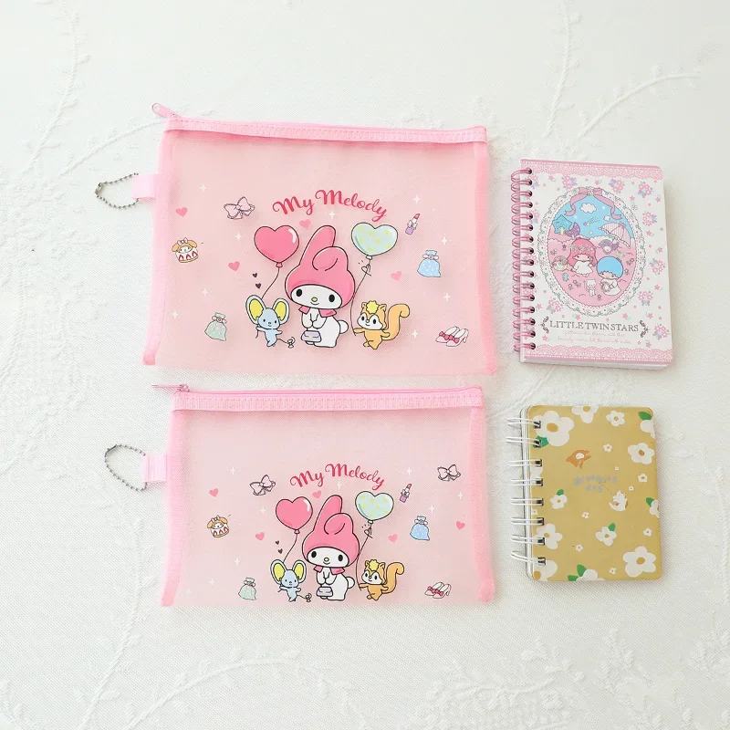 Sanrio Mesh Zipper Pouch Transparent Storage Bag Portable Girls Cosmetic Bag Student School Office Supplies Pencil Case