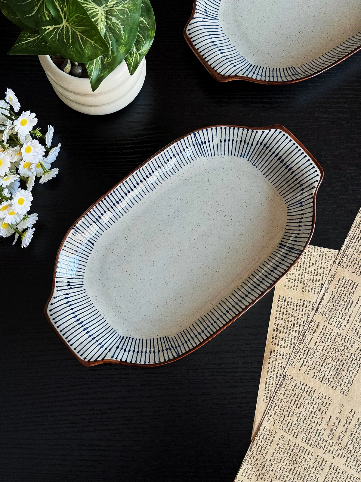 Japanese Style Rectangular Fish Plate Double Ear Steamed Fish Plate Ceramic Dish for Daily Use And Microwave Safe