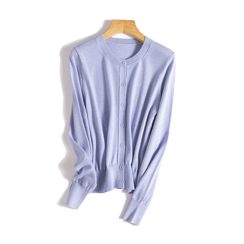 

Весенний вязаный кардиган из шерстяной смеси для женщин: элегантный, с круглым вырезом, на одной пуговице, однотонный свитер-топ