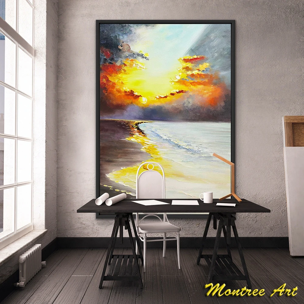 Hand Painted Oil Painting Sunrise Beach Cloudy Ocean Oversize Art Original Extra Large Living Room Luxurious Decorative Painting