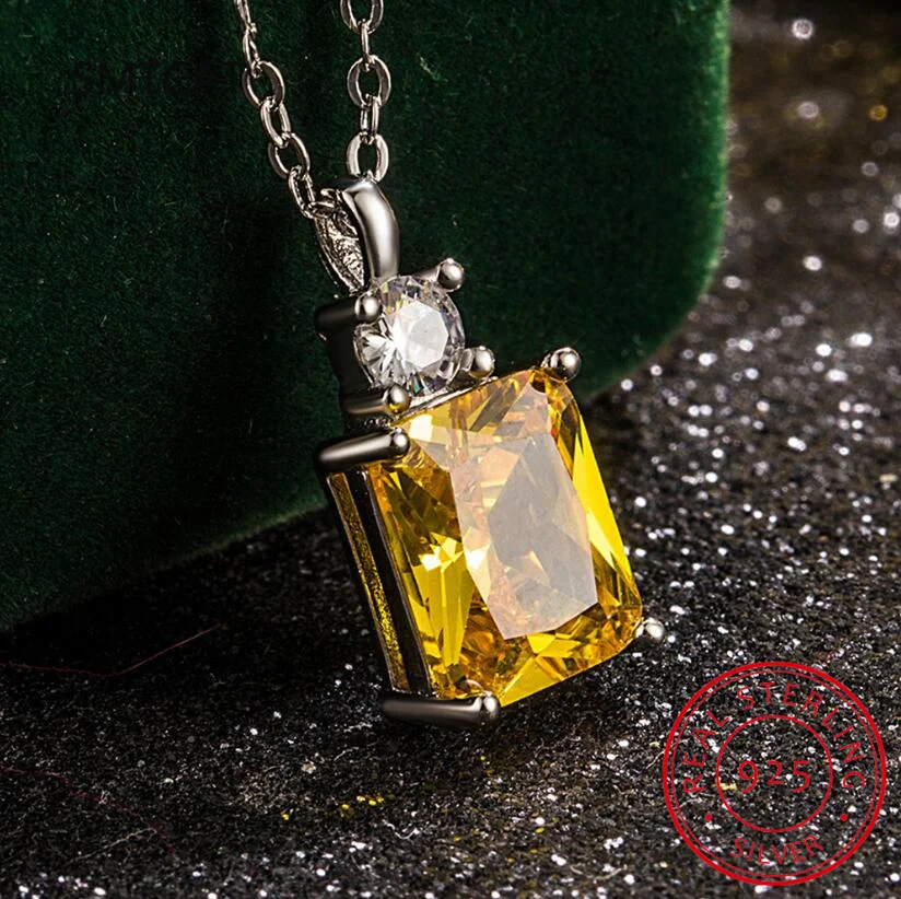Emerald Cut Yellow Genuine Natural Citrine 925 Sterling Silver Square Pendant Necklace Gemstone Jewelry for Women Gift