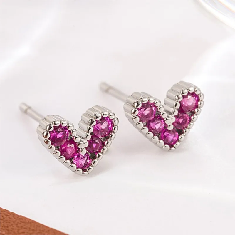 ANENJERY Rose Pink Love Zircon Heart Stud Earrings for Women Vintage Romatic Trendy Jewelry Accessories