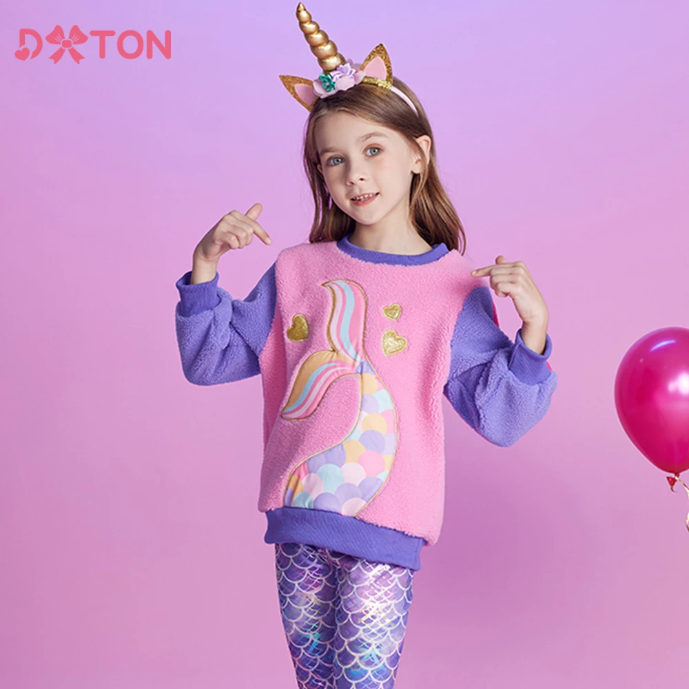 

DXTON Winter Kids Fleece Warm Sweatshirt Mermaid Applique Thicken Girls Tops Outerwear Autumn Girl Sport T-Shirt Casual Clothes