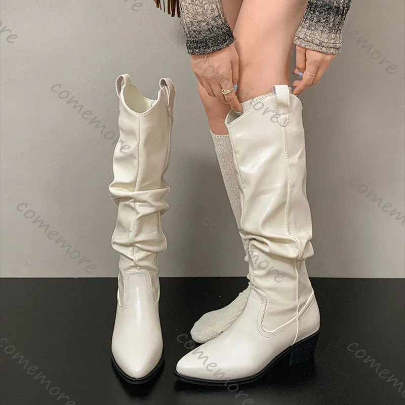 

Comemore 2025 New Autumn Pleated Thigh-high Boots Retro Thick Heel Pointed Head Stacked Female Long Botas V-mouth Women's Shoes