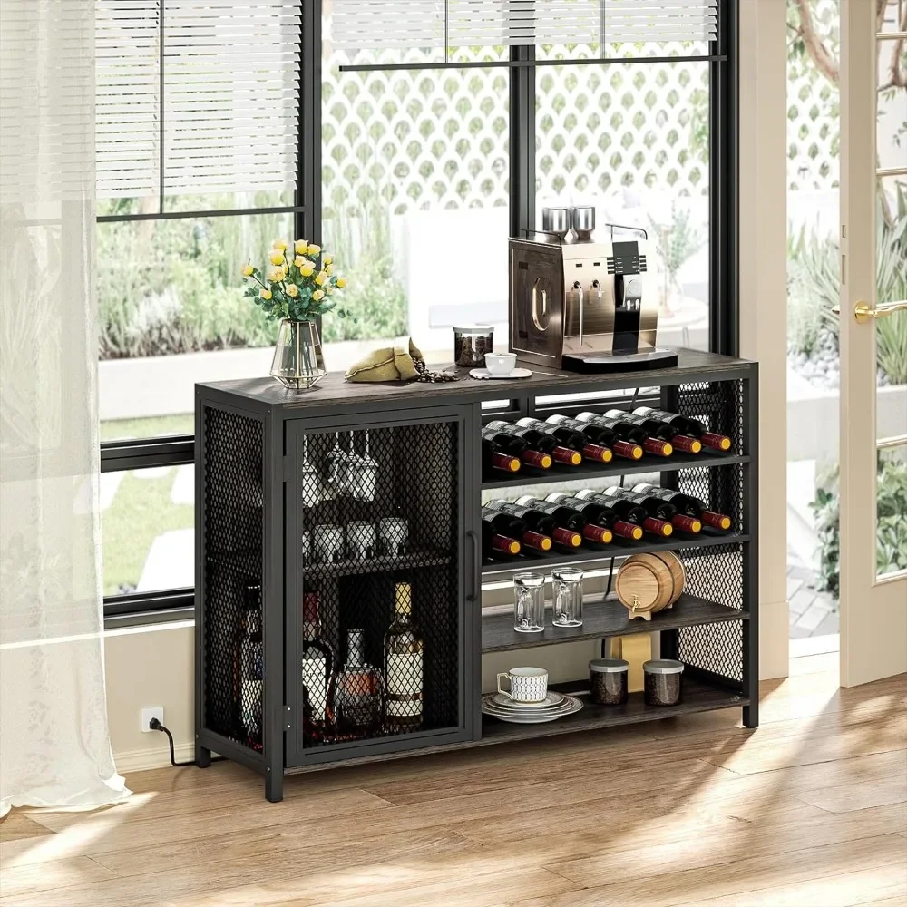 Bar Cabinet Wine Refrigerator Bar Wine Cabinet With LED Lights for Dining Living Room Kitchen Gray Showcases Display