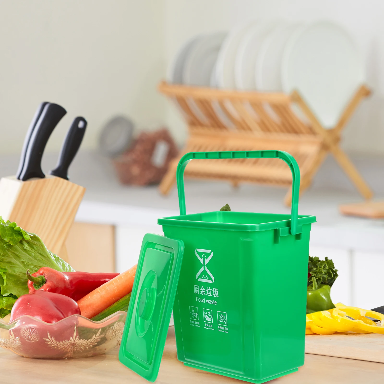 

Green 10L Square Trash Can with Lid Kitchen Garbage Bin Compost Container Home Office Restaurant Plastic Waste Bucket Countertop