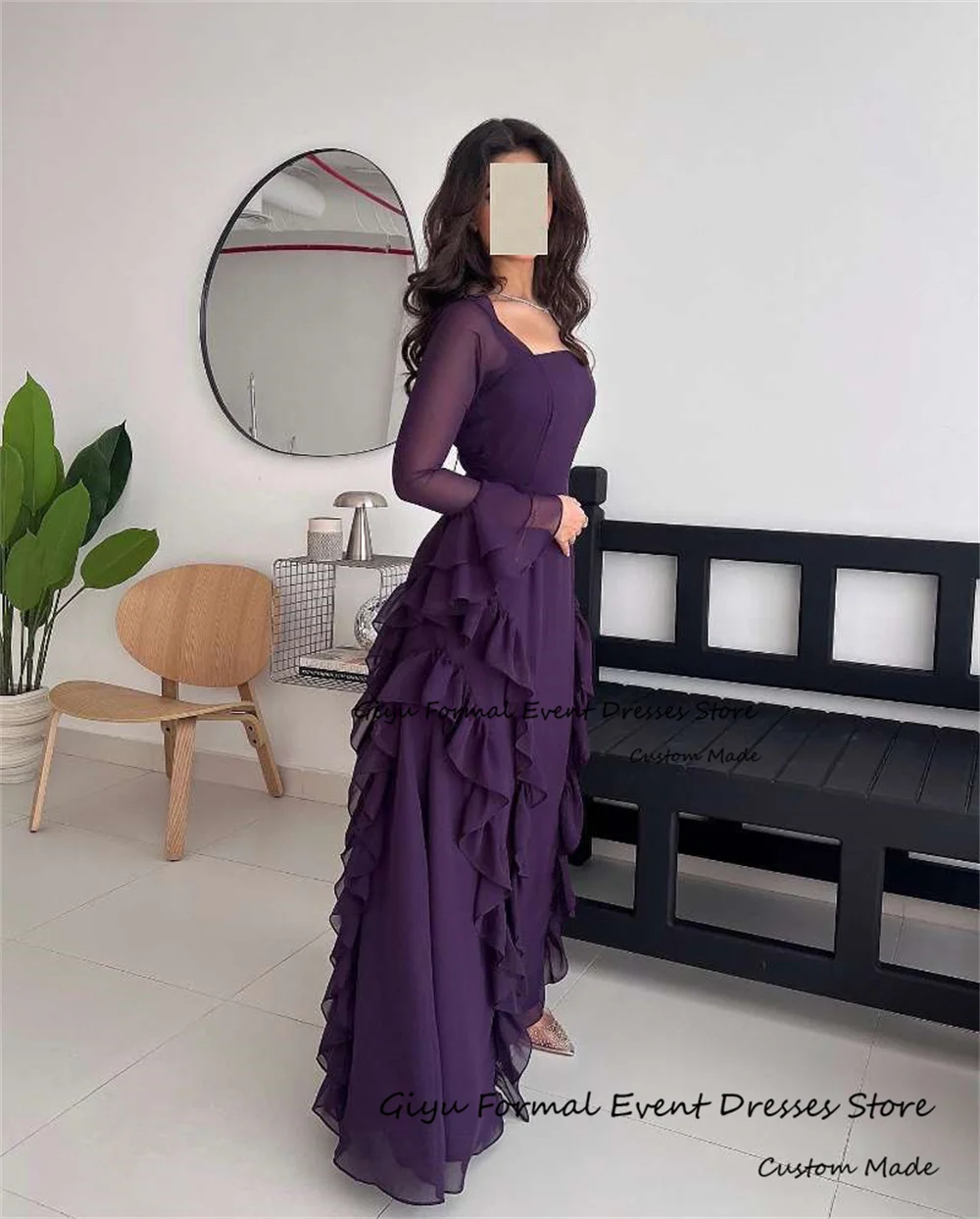 Giyu Elegent Pleat Elegantes Para Mujer 2024 Square Collar Floor-Length Full Sleeves Evening Party Dress Prom Gown