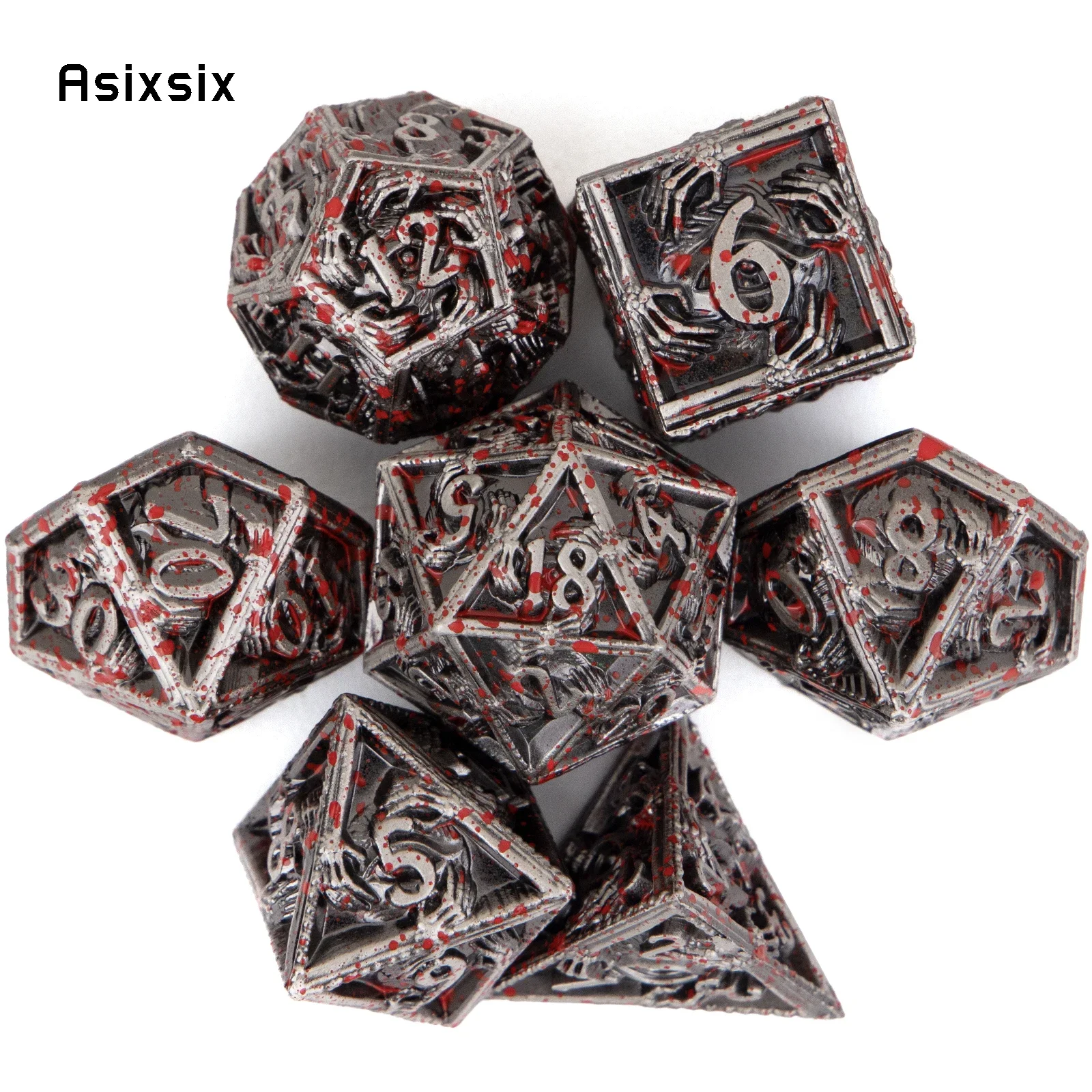 

7 Pcs Silver Red Hand Metal Dice Solid Metal Polyhedral Dice Set Suitable for Role-Playing RPG Board Game Card Game