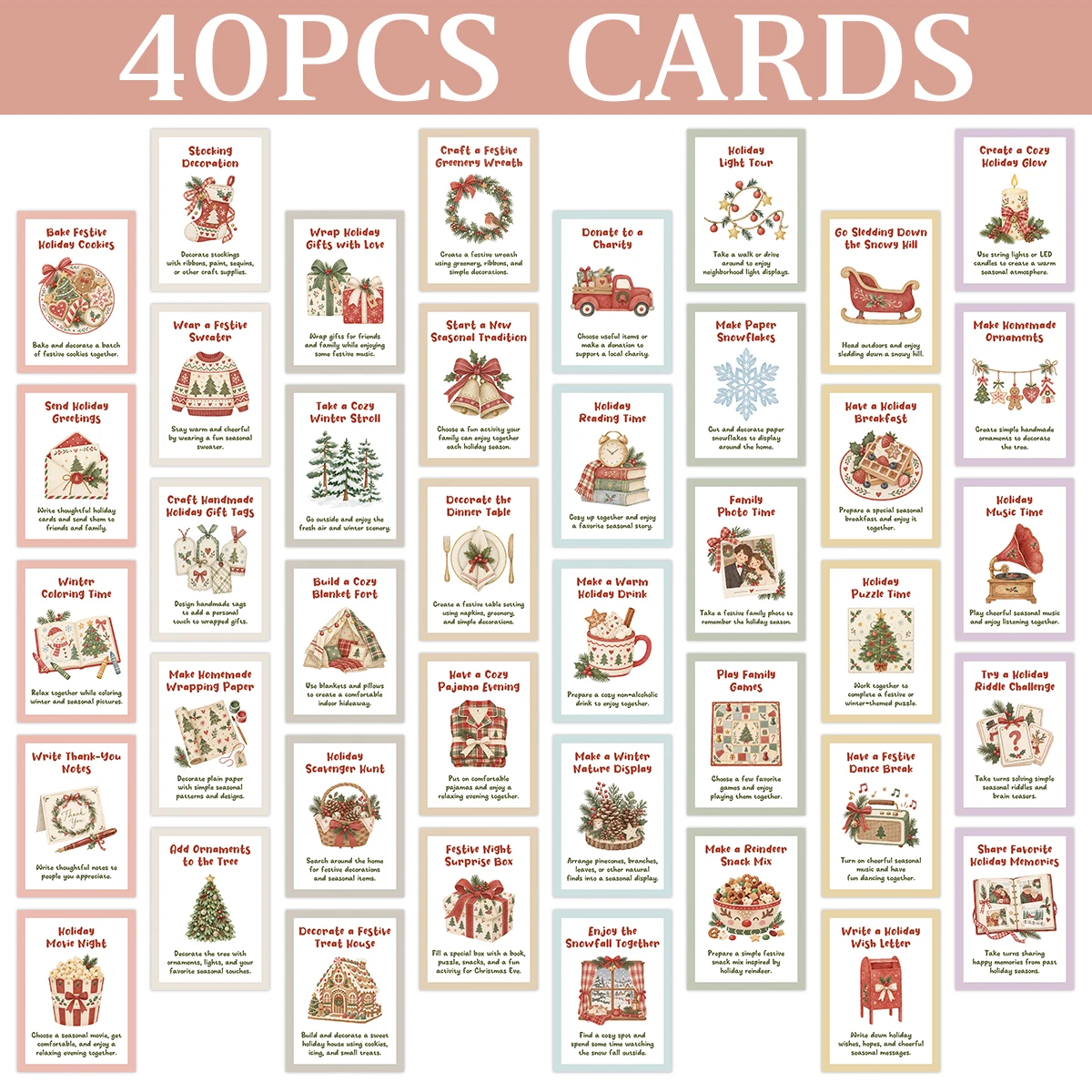 40pcs Christmas Activity Gift Cards,Fun Holiday Traditions Checklist Cards,For Winter Party Games,Family Gatherings Activities