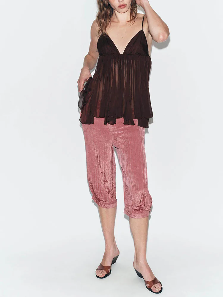 

Women's Summer New V-neck Semi-transparent Strap Top Loose Fit Sleeveless Regular Length Overhead Chinese Style Fashion