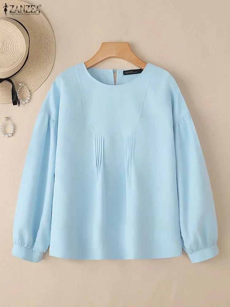 

ZANZEA женские повседневные U-образные блузки со швами, осень 2022, однотонная свободная блузка с круглым вырезом и рукавами-фонариками, уличная одежда, S-3XL