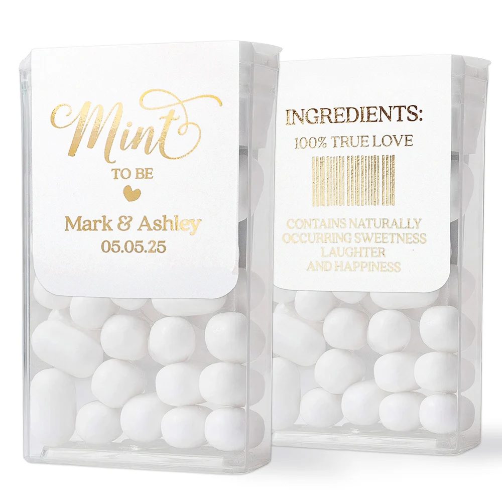 Custom Personalized Labels for Wedding Favors Bridal shower Rose Gold Silver Mint to be Tic Tac Stickers for mini freshmints box view 2
