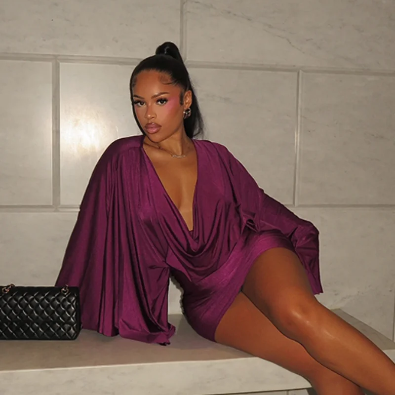 Vrouwen Elegante Sexy V-hals Jurken Retro Solid Spliced Flare Mouw Prom Dress Chic Midnight Club Party Mini Gewaad Nieuwe Trendy Gown