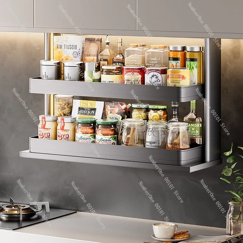 Smart Electric Pull-Down Kitchen Cabinet Basket, Voice and Press Controlled Vertical Drop Spice Rack for Upper Cabinet Storage
