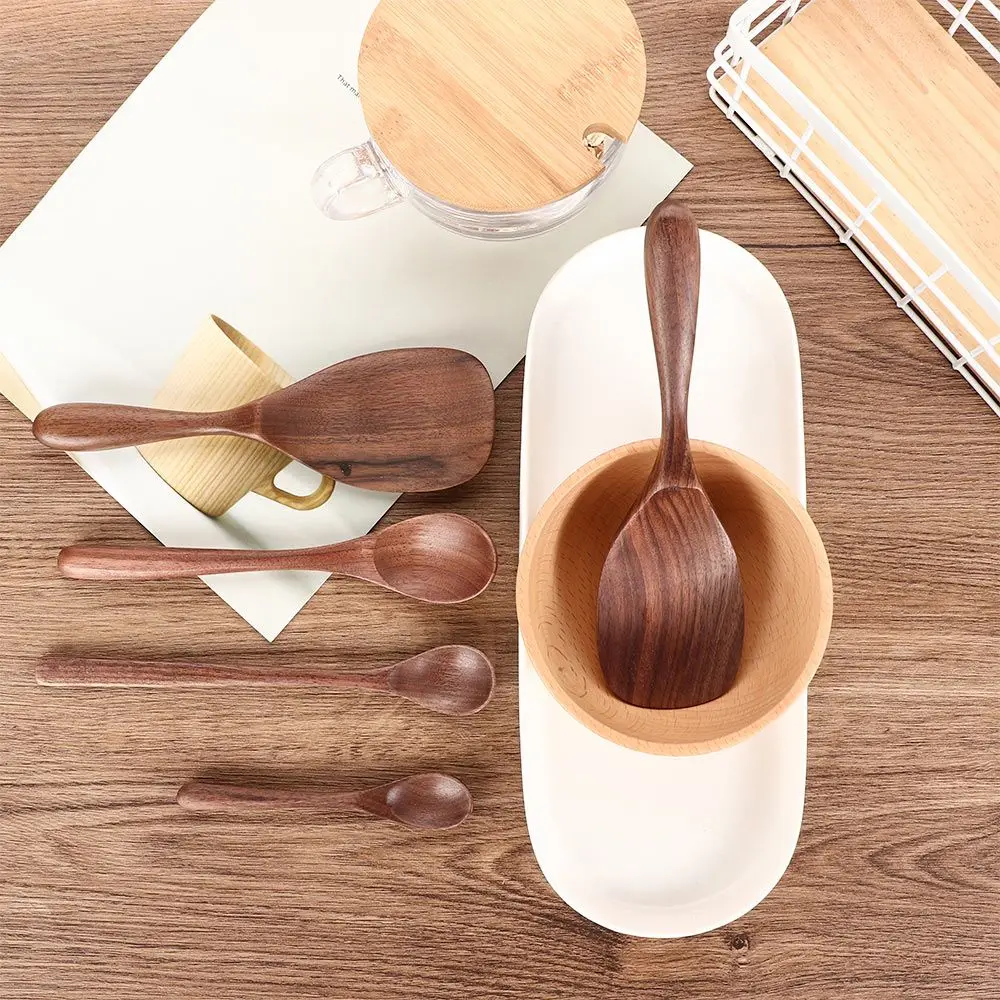 Black Walnut Coffee Honey Spoons Wooden Japanese Style Stir Long Scoop Large Soup Rice Spoon Kitchen Tableware Gift