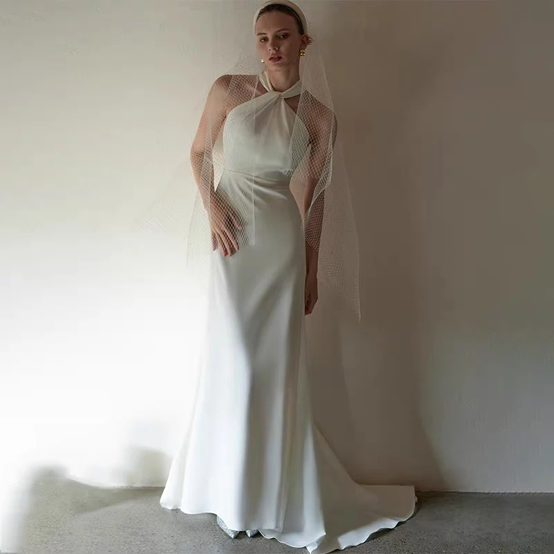 

Белые атласные свадебные платья с бретелькой на шее для женщин, трапециевидной формы, длиной до пола, торжественное вечернее платье, элегантные платья для выпускного вечера 2025, по индивидуальному заказу