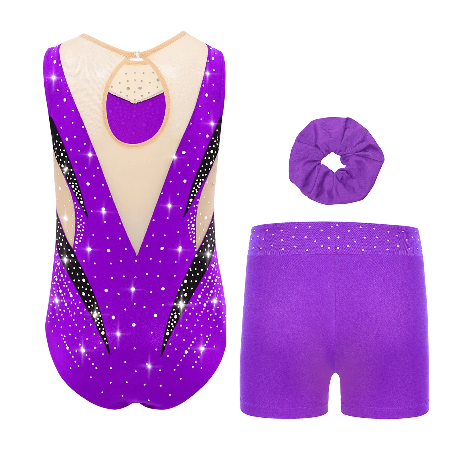 الباليه الجمباز الرقص مجموعات الشكل التزلج ملابس رياضية أطفال بنات ثقب المفتاح الخلفي شير حجر الراين يوتار أغطية الرأس مجموعة تي شيرتات قصيرة للأطفال