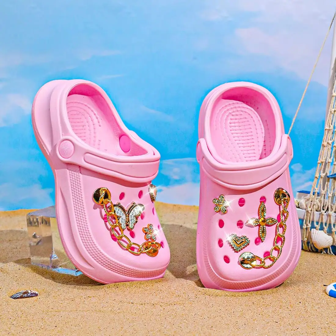 

Kids Slip-On Clogs and Mules - Breathable, Waterproof, EVA Garden Shoes with Decorative Chain for Beach and Everyday Wear 168
