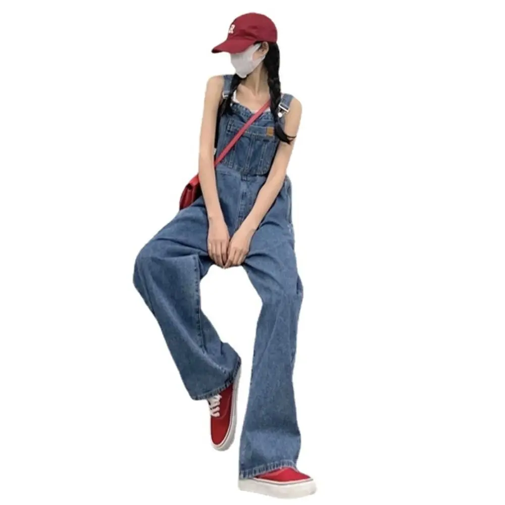 Korean Style Jeans Jumpsuits Ink Denim Strap Vintage Straight Wide Leg Jeans Pants Cool Retro Casual Jeans Trousers Women