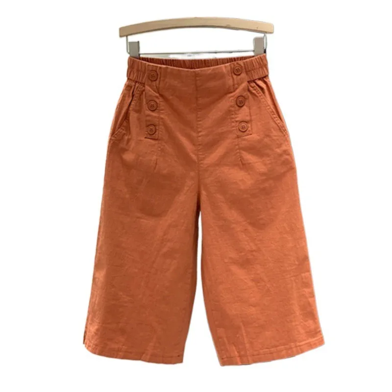 Women High Waist Cotton Capri Pants Button Decor Loose Wide Leg Cropped Trousers Summer Casual Pants