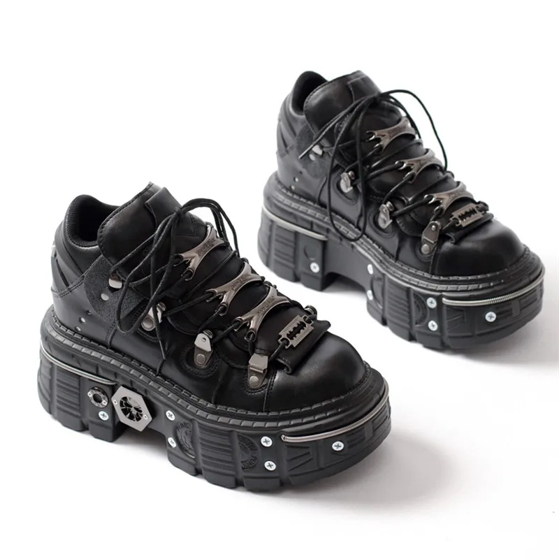 Fashion Women Punk Platform Shoes for Woman's Lace-Up Round Toe Metal Decoration Thin Heels Sneakers Gothic Party Nightclub Shoe image 6