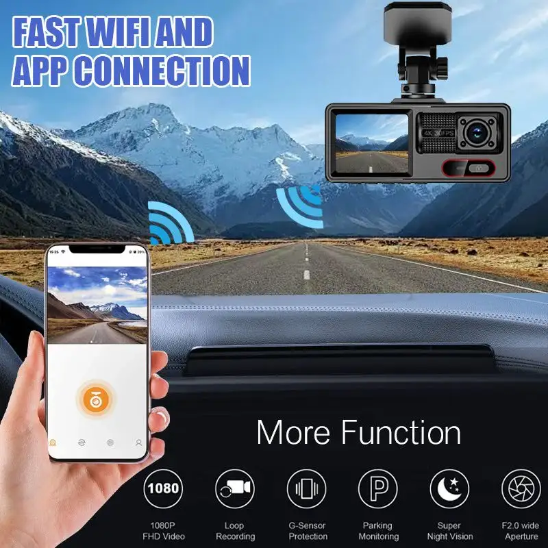 3 Channel Dash Cam, 1080P 3 Lens Car Recorder, WiFi Phone Connect, 2 Inch Screen, Loop Recording, G-Sensor, Night Vision