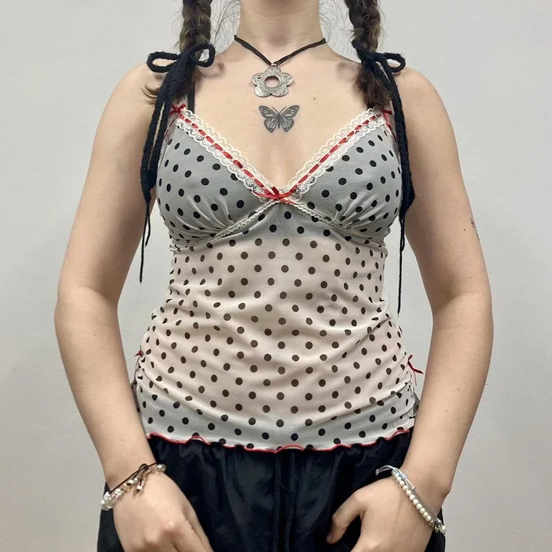 American Spice slim-fit color lace polka dot bow splicing halter top wooden ear edge see-through mesh vest