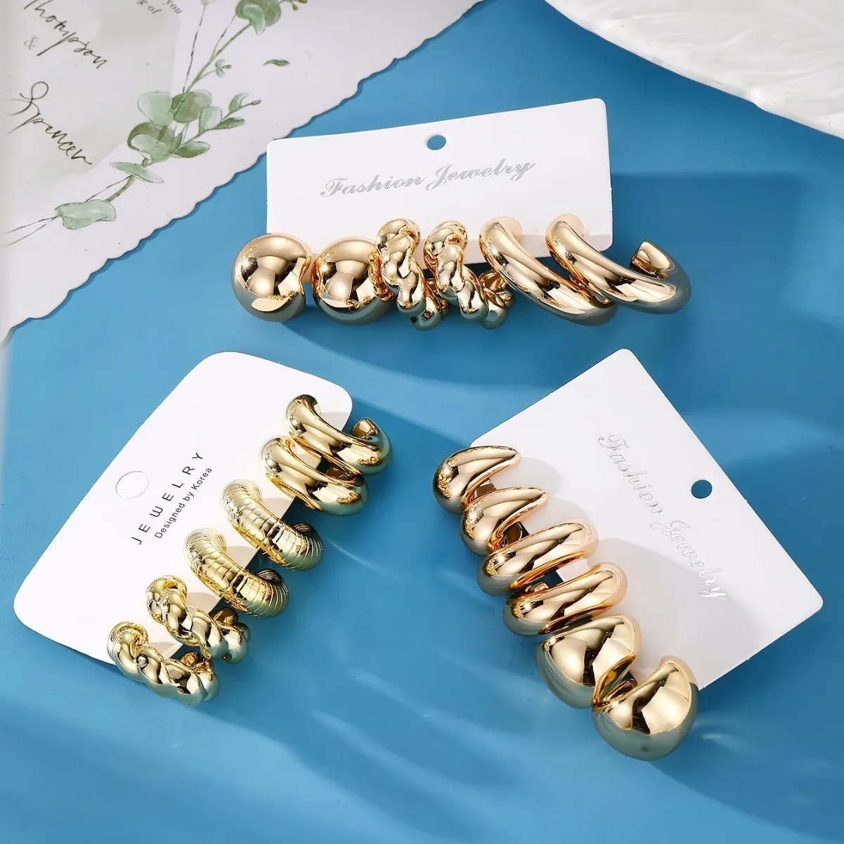 New Trendy Gold Color Twisted C Shape Tear Drop Earrings Set for Women Fashion Metal Geometric Circle Earrings Jewelry