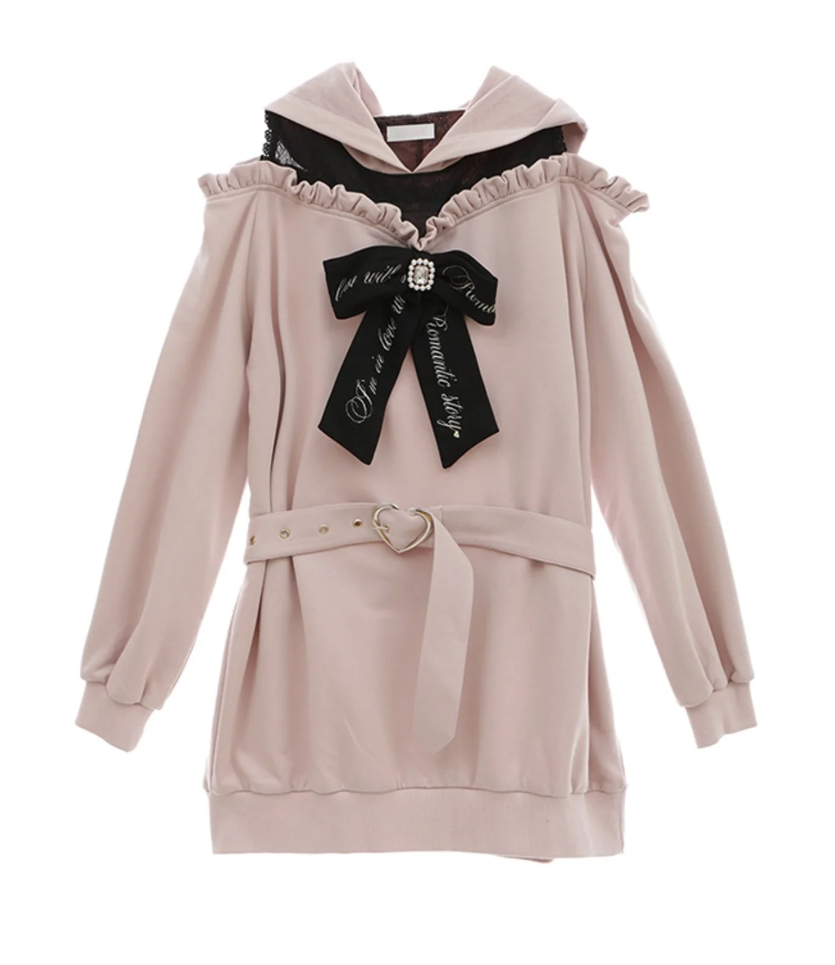 Sweet Girl felpa Dress Japanese iz Autumn New Hooded Lace Patchwork manica lunga lettera ricamata Bow Loose Hoodie Dress