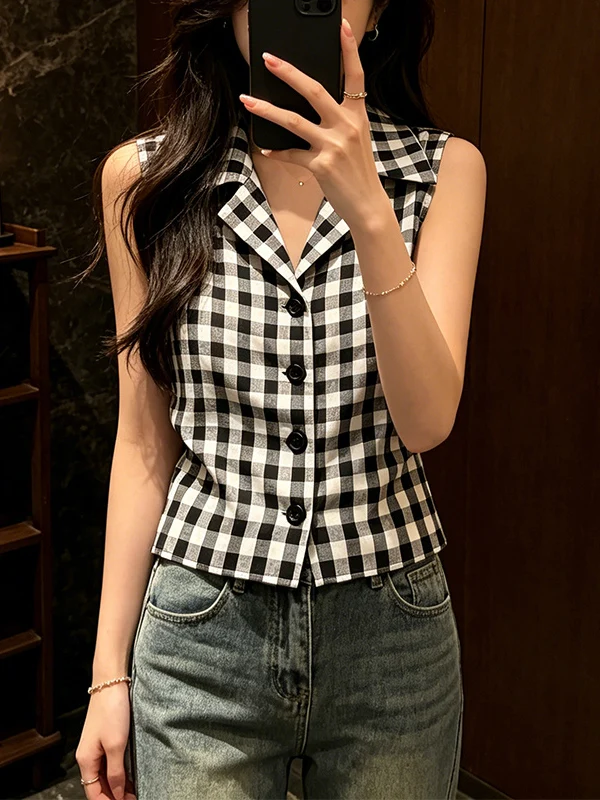 

Slimming Plaid Sleeveless Collared Vest Fashionable Korean Style Women's Top Breathable Comfortable Summer New Arrival